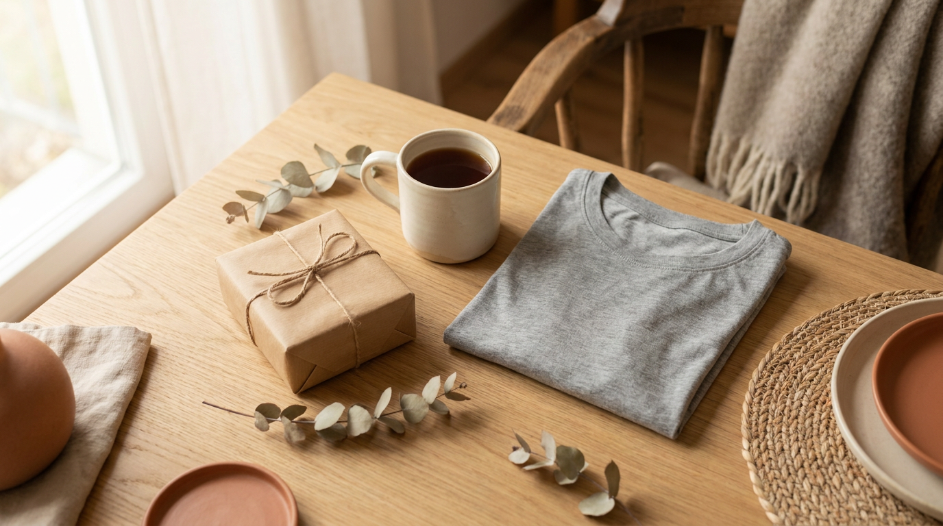 Lustige Geschenke: eingepacktes Geschenk, Kaffeetasse und gefaltetes Shirt auf einem Tisch