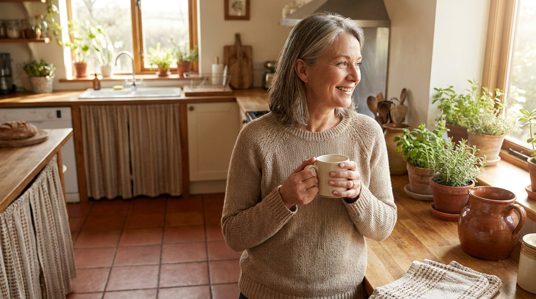 Frau mit Kaffeetasse und wissendem Lächeln in heller Küche