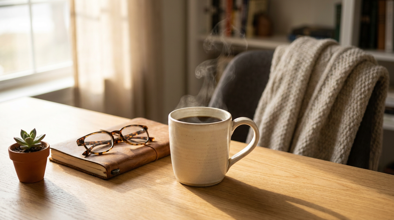 Kaffeetasse auf einem aufgeräumten Schreibtisch im Morgenlicht