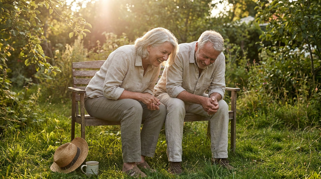 Lachendes Rentnerpaar im sonnigen Garten
