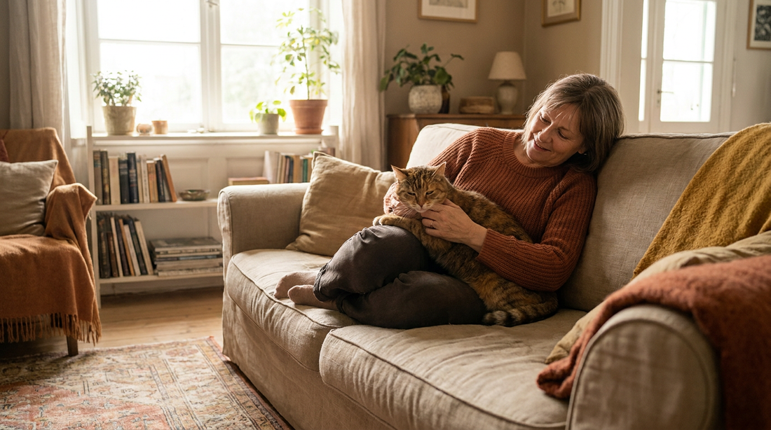 Frau kuschelt mit ihrer getigerten Katze auf dem Sofa