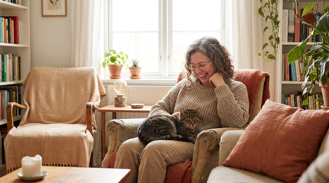 Katzenmama lacht mit ihrer Katze auf dem Schoß im Wohnzimmer