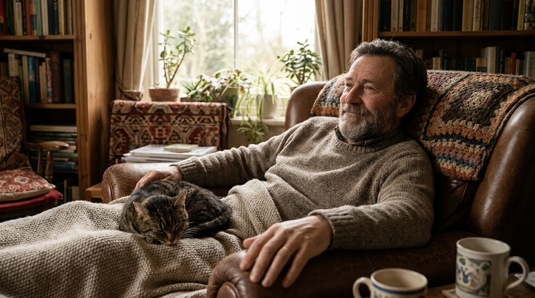 Entspannter Katzenpapa sitzt mit seiner Katze auf dem Sofa