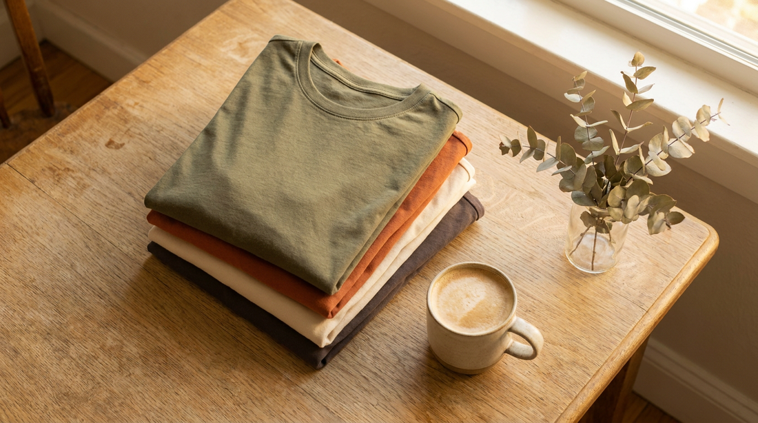 Gefaltete bunte T-Shirts auf einem Holztisch im warmen Morgenlicht