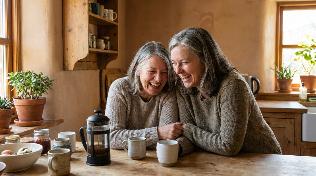 Zwei beste Freundinnen lachen zusammen bei Kaffee am Küchentisch
