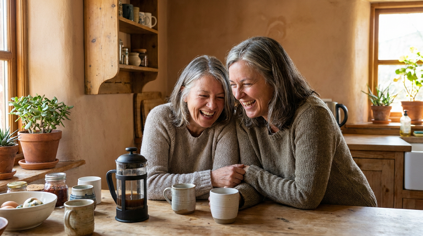 Zwei beste Freundinnen lachen zusammen bei Kaffee am Küchentisch