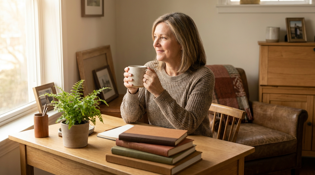 Frau lächelt am aufgeräumten Schreibtisch mit Kaffeetasse am Montagmorgen