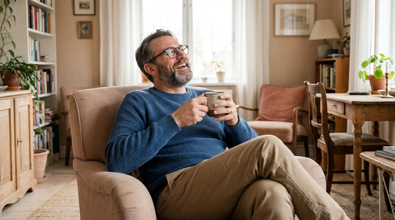 Entspannter Mann in den Fünfzigern lacht zu Hause mit Kaffeetasse