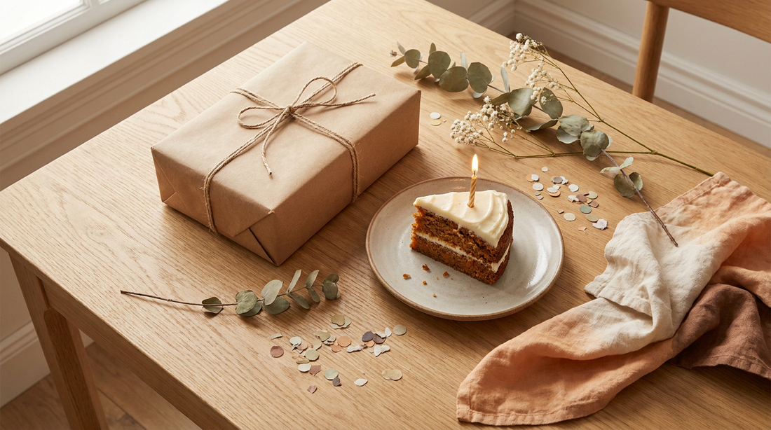 Eingepacktes Geburtstagsgeschenk mit Kuchen und Kerze auf einem Tisch