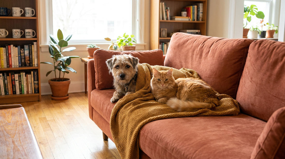 Hund und Katze liegen gemütlich zusammen auf einem Sofa
