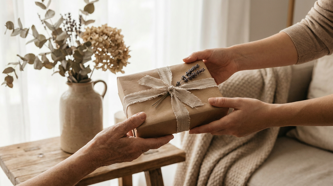 Zwei Hände überreichen ein kleines eingepacktes Geschenk