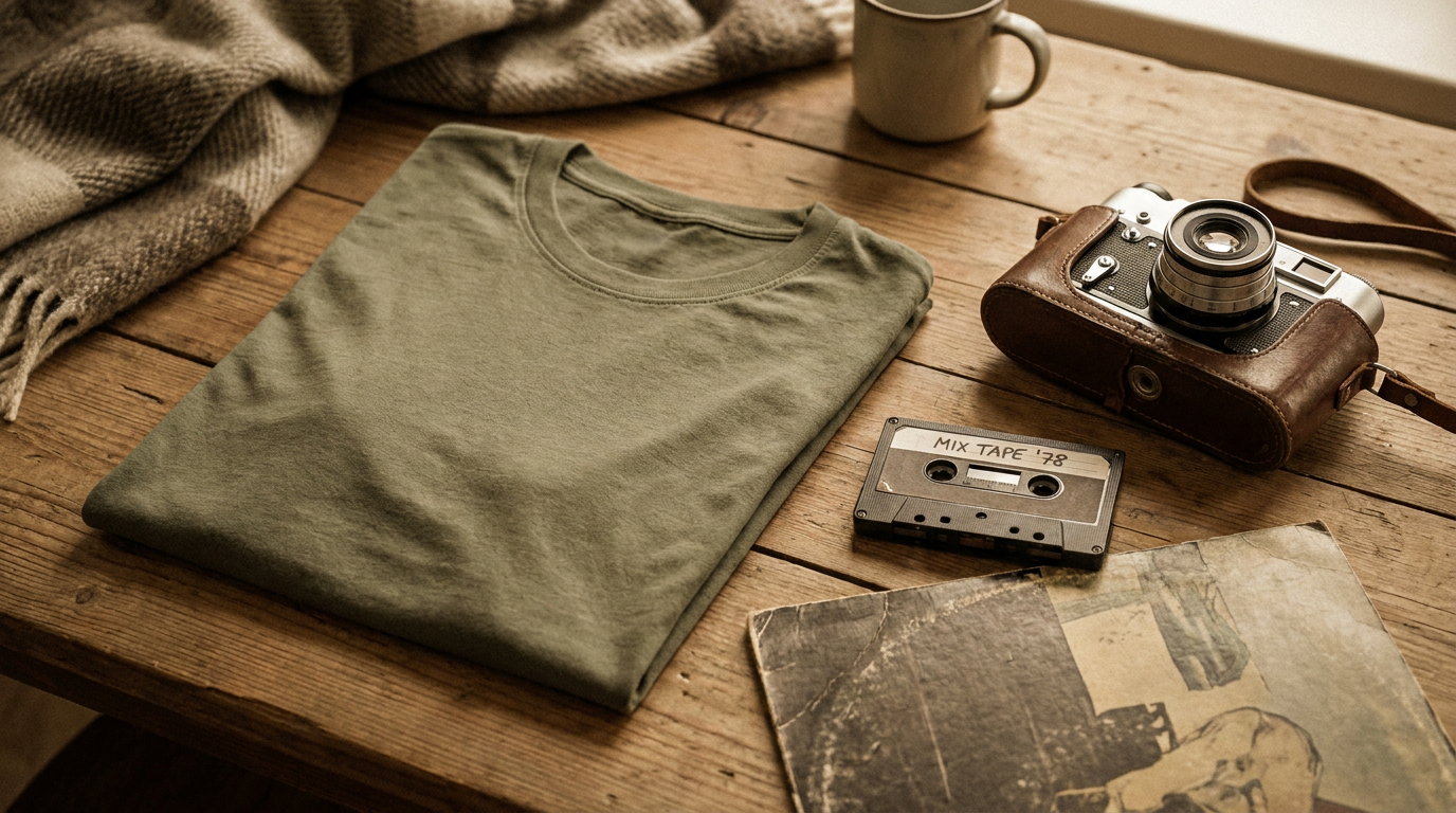 Retro Flatlay mit gefaltetem T-Shirt, Kassette, Kamera und Schallplatte
