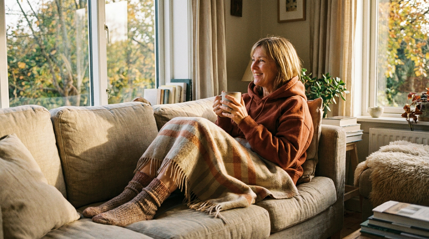 Frau im gemütlichen Hoodie mit Tee auf dem Sofa im warmen Herbstlicht