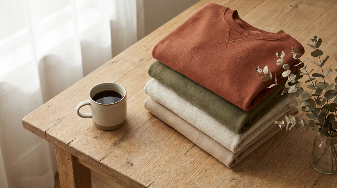 Gestapelte gefaltete Sweatshirts in warmen Farben auf Holz