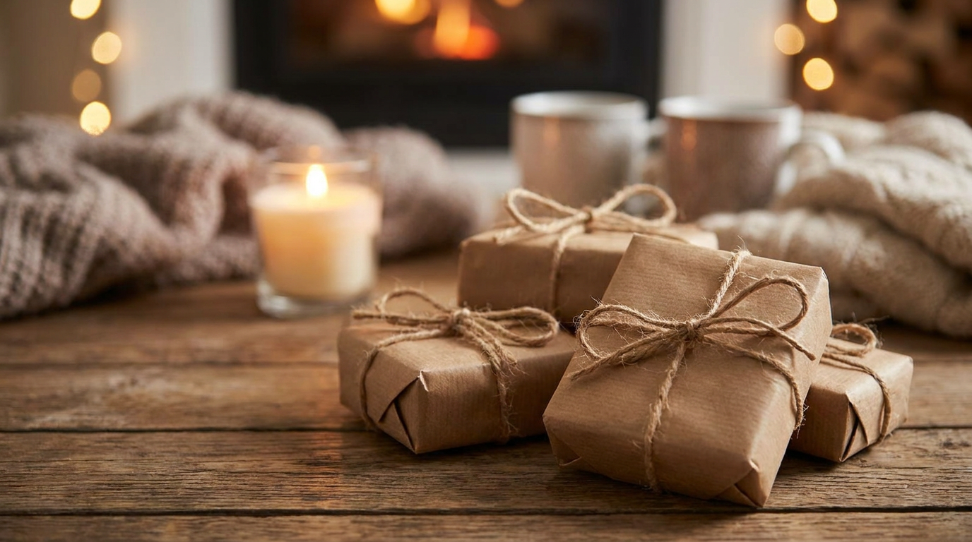 Mehrere kleine in Kraftpapier eingepackte Wichtelgeschenke auf einem Tisch