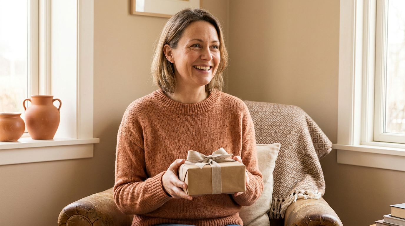 Frau in den Vierzigern lächelt mit einem kleinen Geschenk in der Hand
