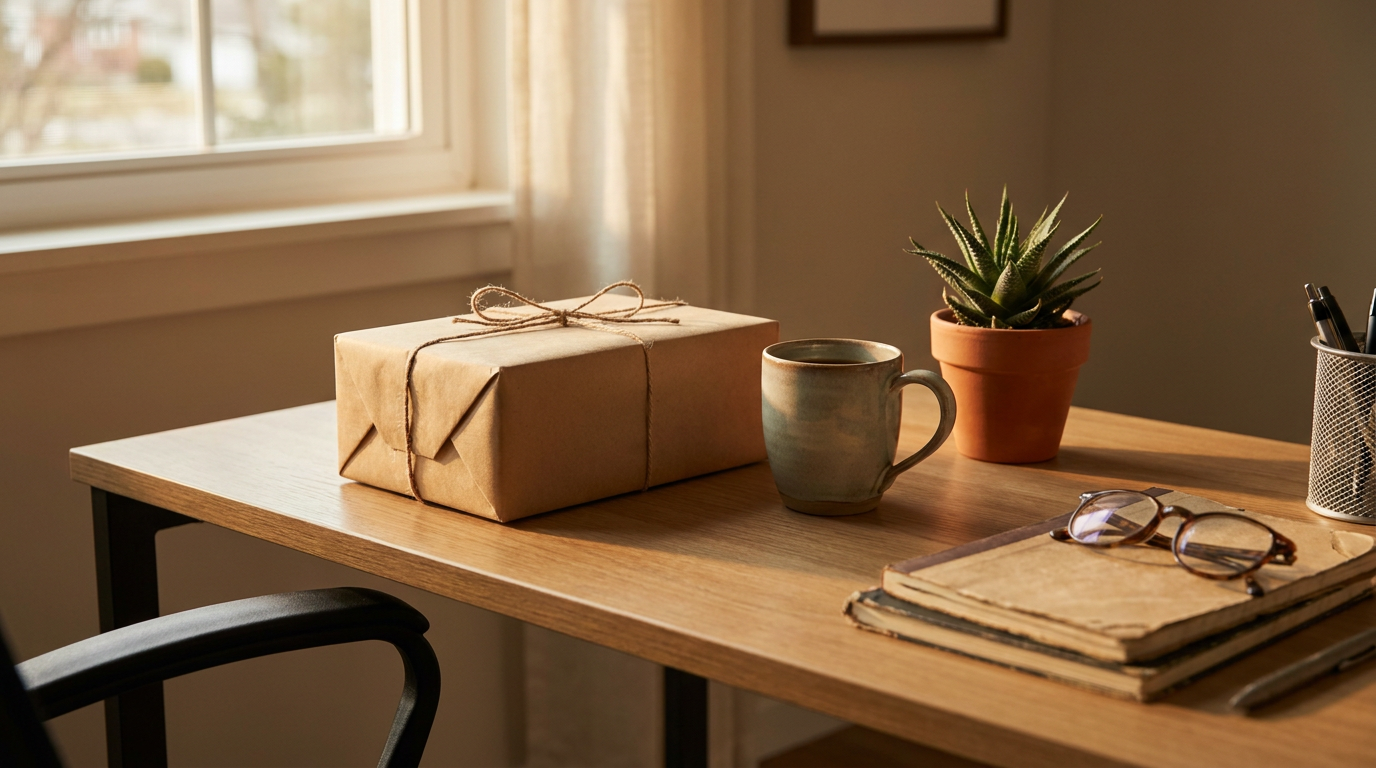 Schreibtisch mit eingepacktem Abschiedsgeschenk, Tasse und Pflanze