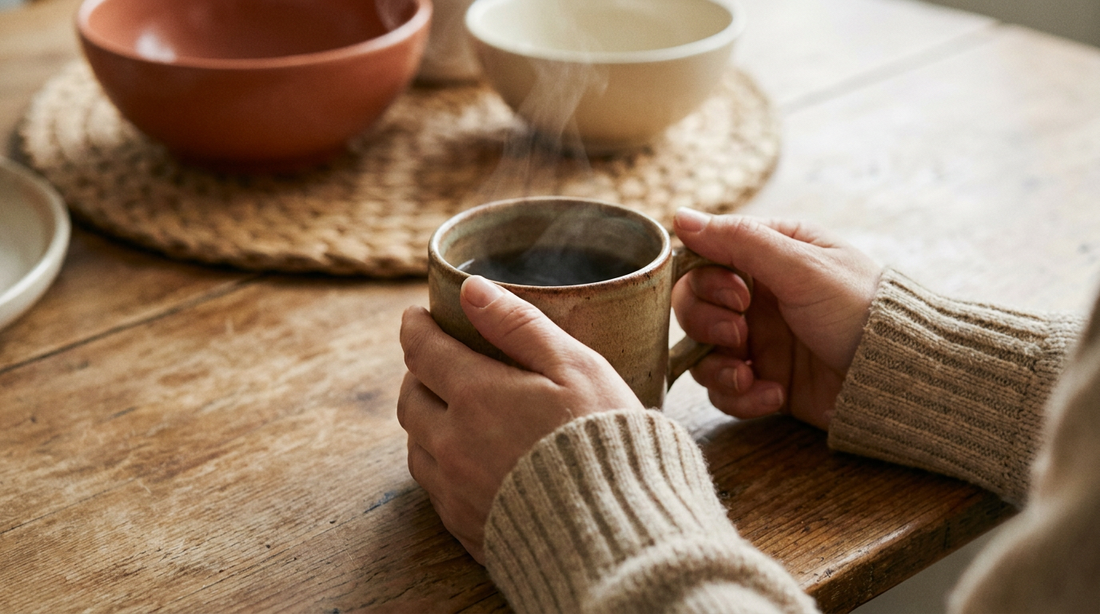 Hände umfassen eine dampfende Kaffeetasse am Holztisch im Morgenlicht