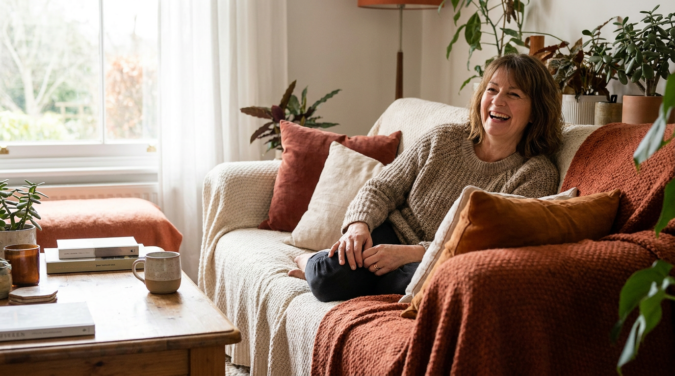 Frau lacht herzlich auf dem Sofa zu Hause