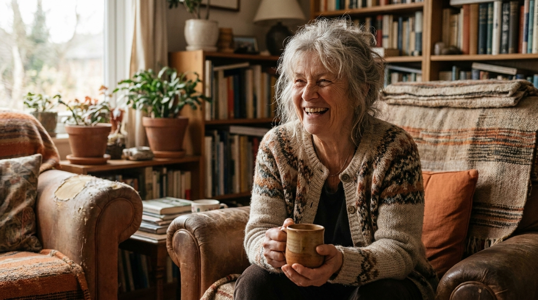 Lachende Oma mit Kaffeetasse im gemütlichen Wohnzimmer