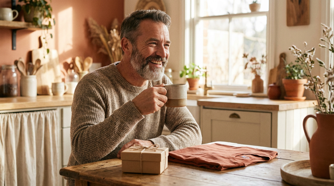 Vater mit Kaffeetasse und kleinem Geschenk am sonnigen Frühstückstisch