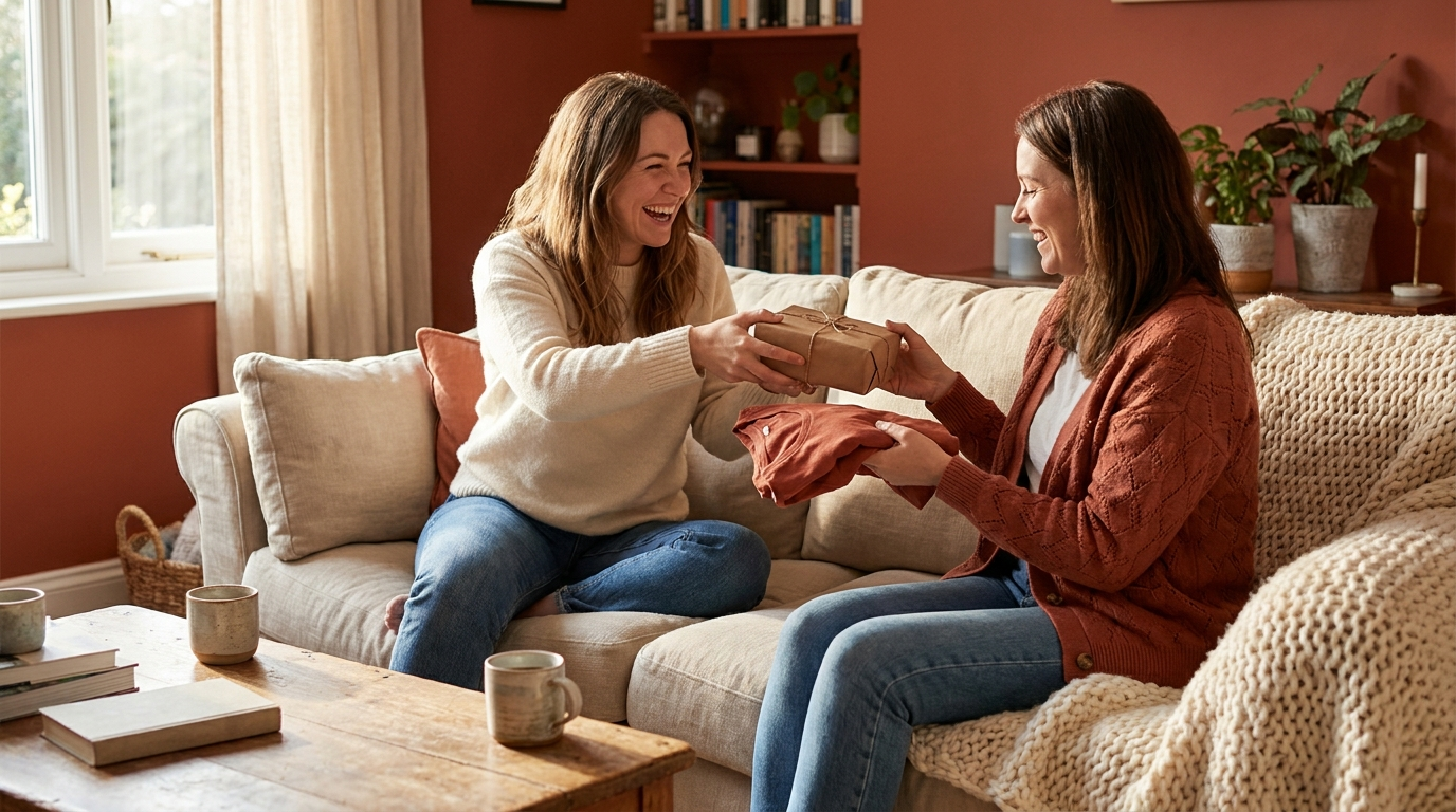 Zwei Schwestern lachen zusammen auf dem Sofa mit einem kleinen Geschenk