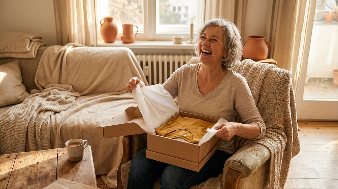 Frau lacht beim Auspacken eines Geschenks mit lustigem T-Shirt