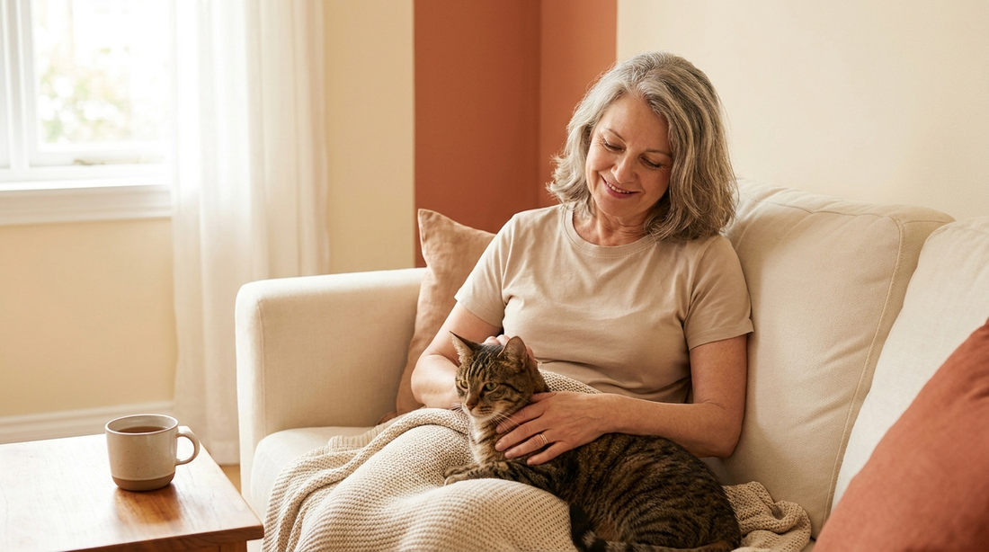 Frau kuschelt mit ihrer Katze auf dem Sofa