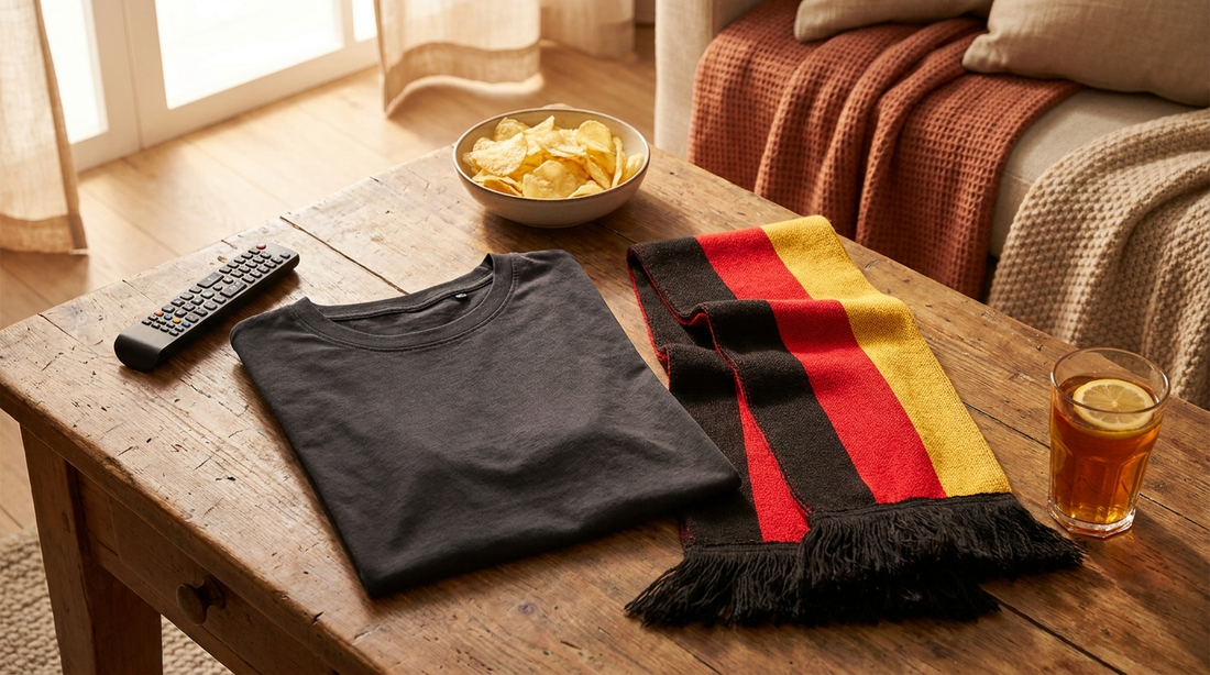 Gefaltetes dunkles T-Shirt mit Fußballschal und Chips auf einem Wohnzimmertisch