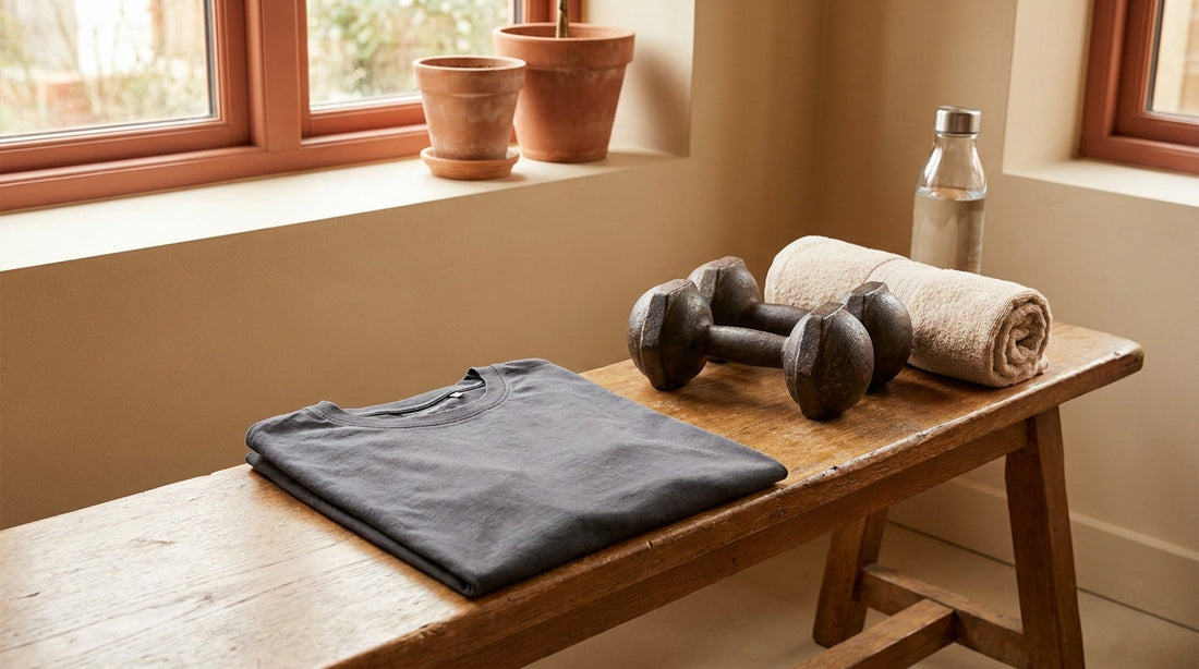 Gefaltetes dunkles T-Shirt auf einer Hantelbank neben Kurzhanteln