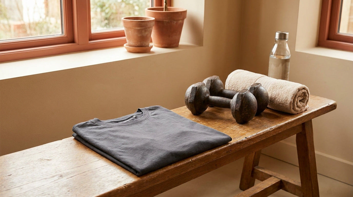 Gefaltetes dunkles T-Shirt auf einer Hantelbank neben Kurzhanteln