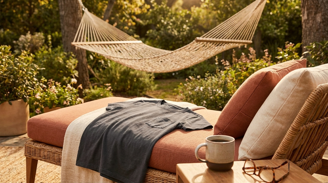 Gefaltetes dunkles T-Shirt auf einem Gartenstuhl neben Kaffeetasse und Lesebrille