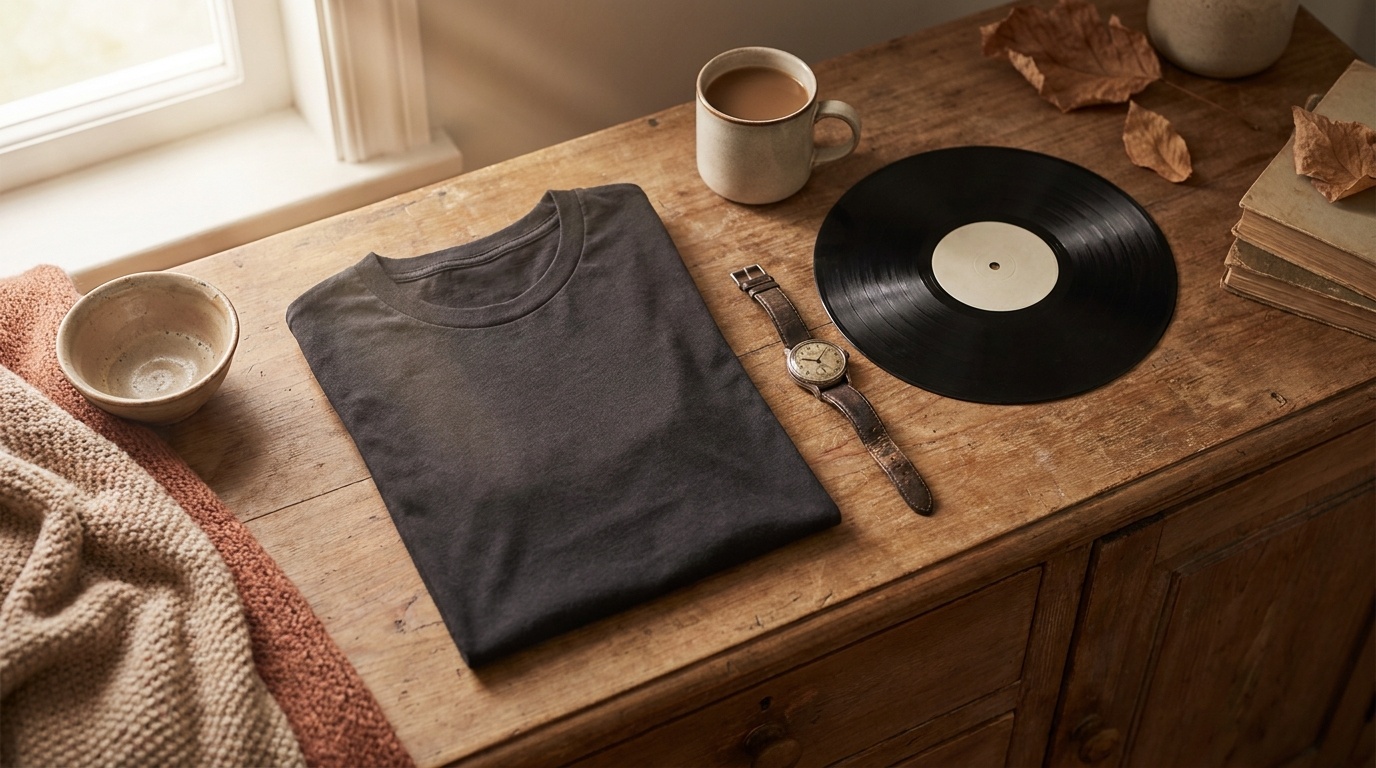 Gefaltetes dunkles T-Shirt auf einer Vintage-Kommode neben Armbanduhr und Schallplatte