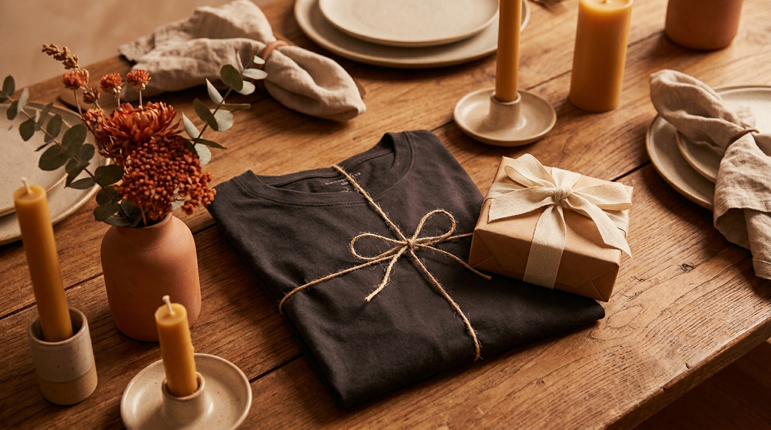 Gefaltetes dunkles T-Shirt als Geschenk auf einem festlichen Tisch mit Präsent und Blumen