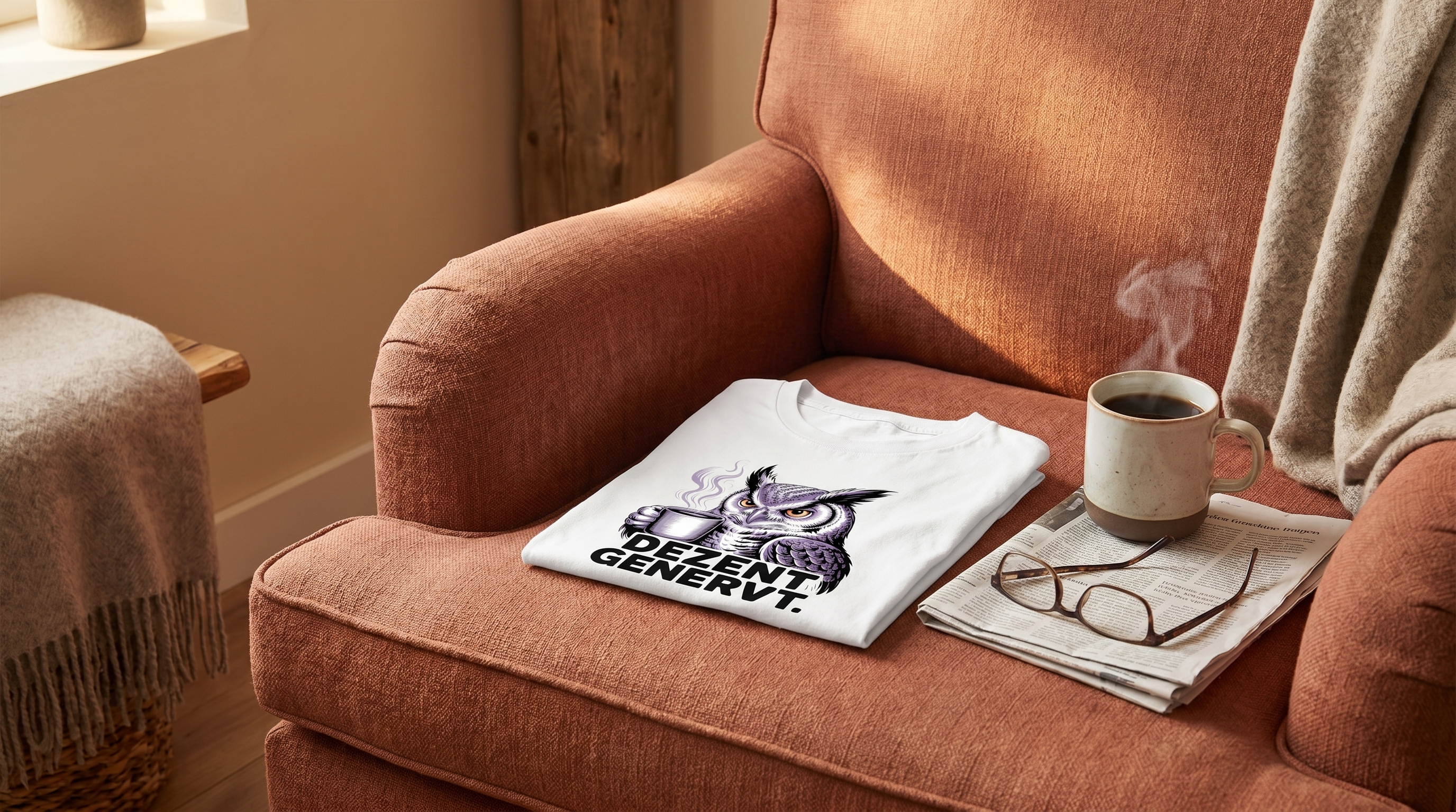 Gefaltetes dunkles Spruch-T-Shirt auf einem Sessel neben Kaffee und Lesebrille