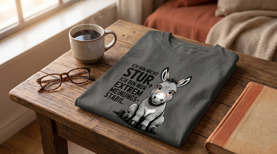 Gefaltetes Sturer-Esel-T-Shirt auf einem Holztisch neben Kaffee und Lesebrille