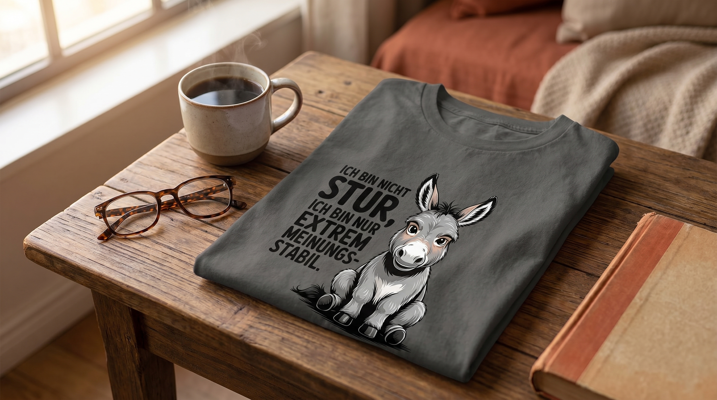 Gefaltetes Sturer-Esel-T-Shirt auf einem Holztisch neben Kaffee und Lesebrille
