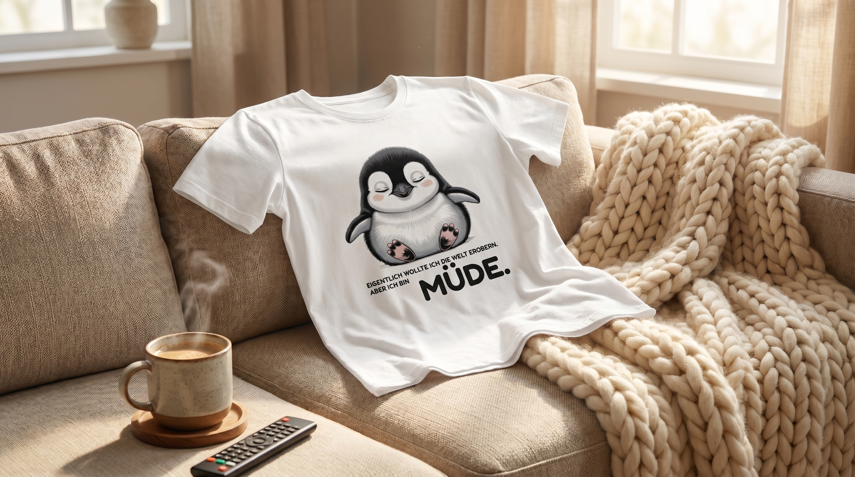 Dunkles Spruch-T-Shirt auf einer gemütlichen Couch mit Decke und Kaffeetasse