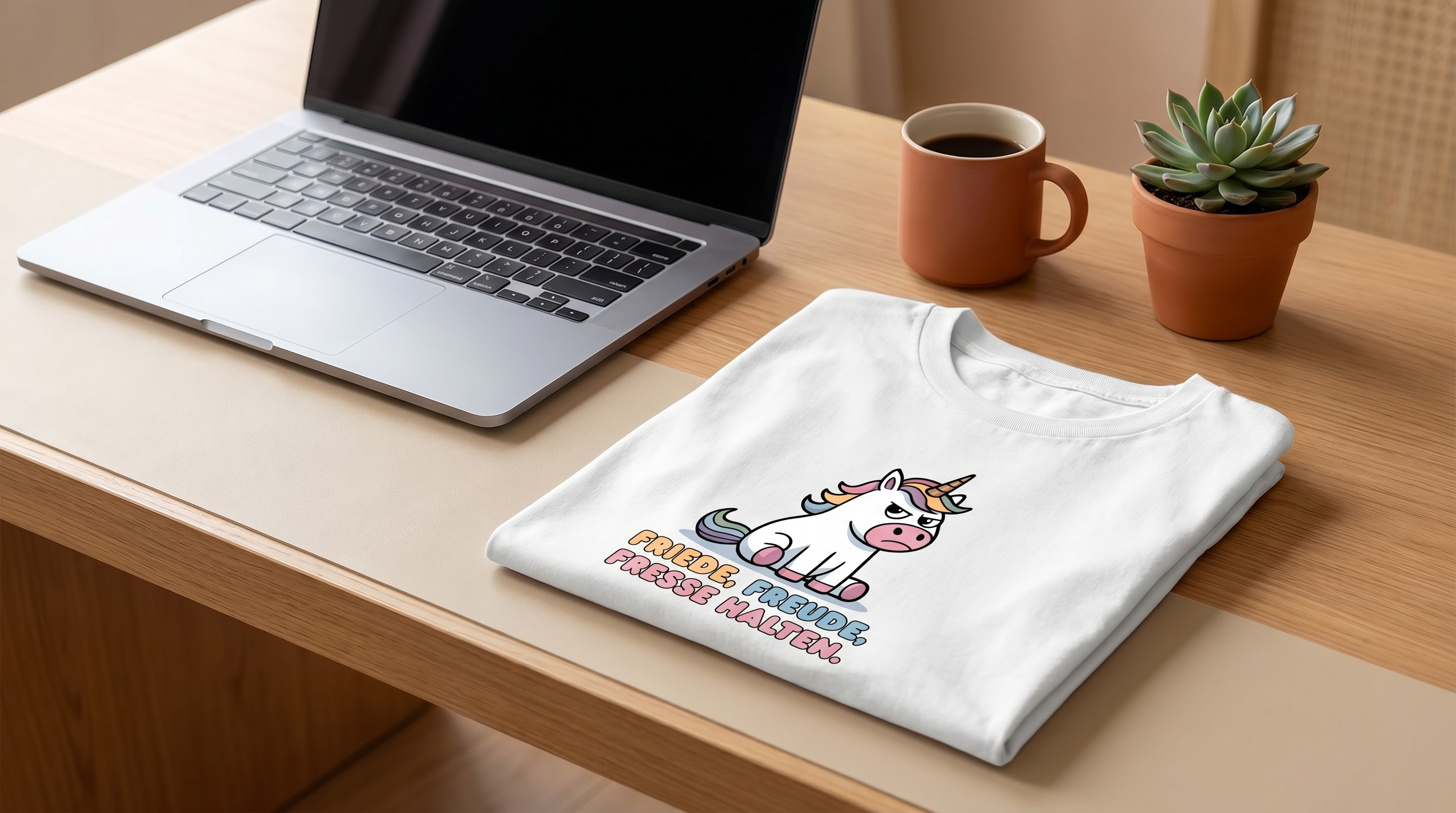 Gefaltetes Spruch-T-Shirt auf einem Schreibtisch neben Laptop und Kaffeetasse