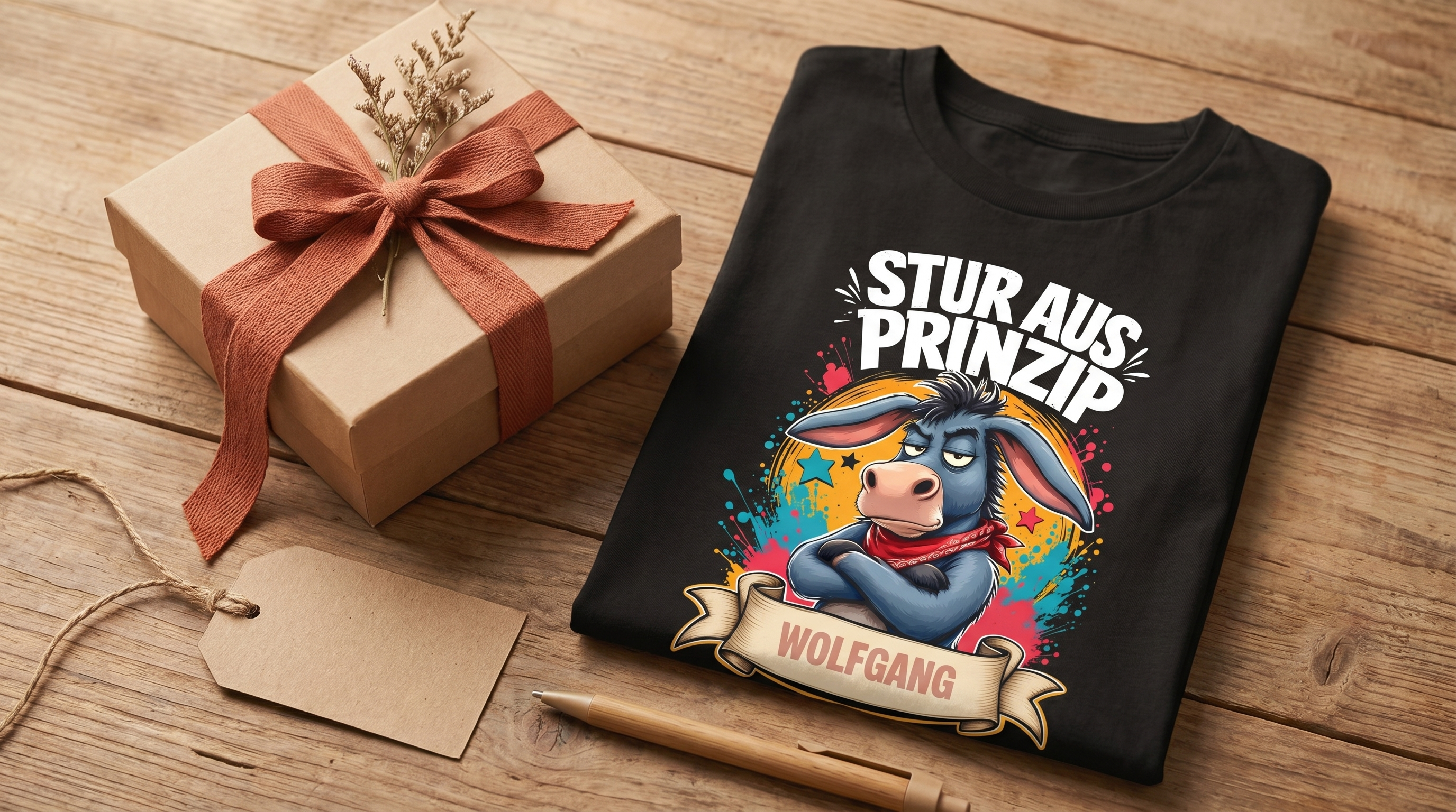 Personalisierbares Spruch-T-Shirt als Geschenk mit Geschenkbox und Namensschild