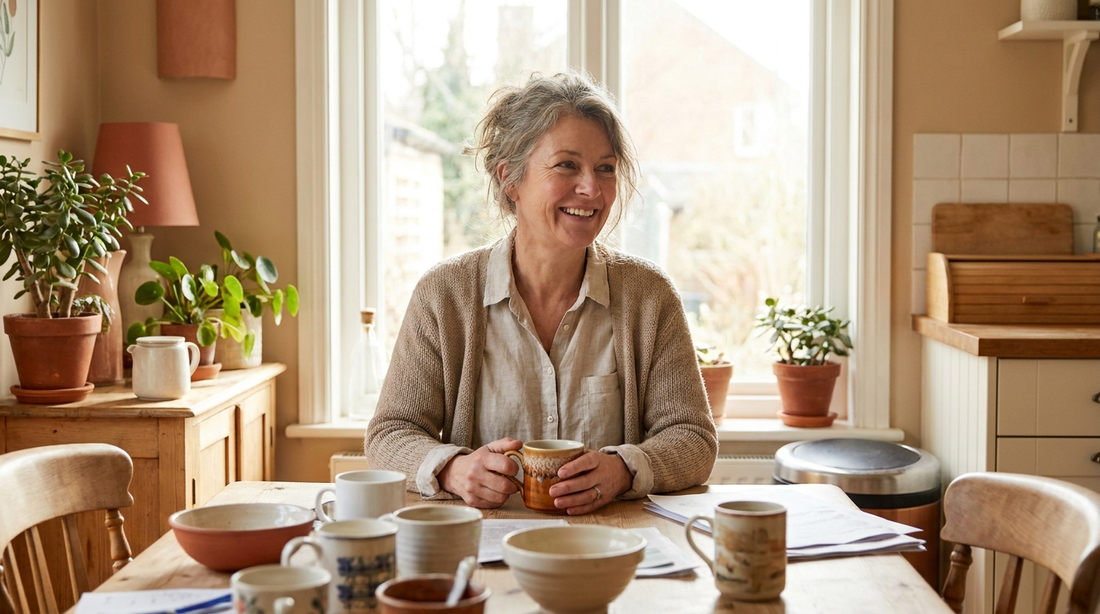 Entspannte Frau mit Kaffeetasse am sonnigen Küchentisch, lässige Stimmung für coole Sprüche