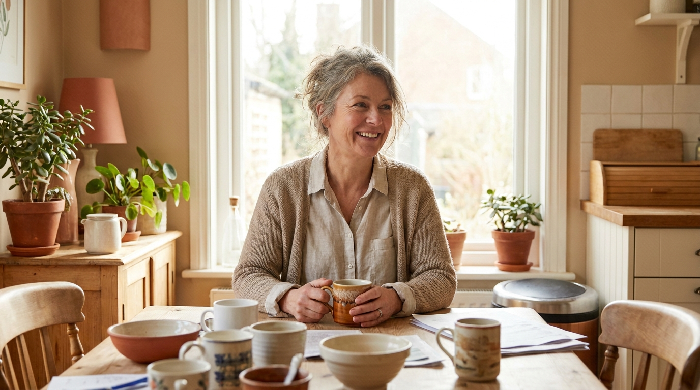 Entspannte Frau mit Kaffeetasse am sonnigen Küchentisch, lässige Stimmung für coole Sprüche