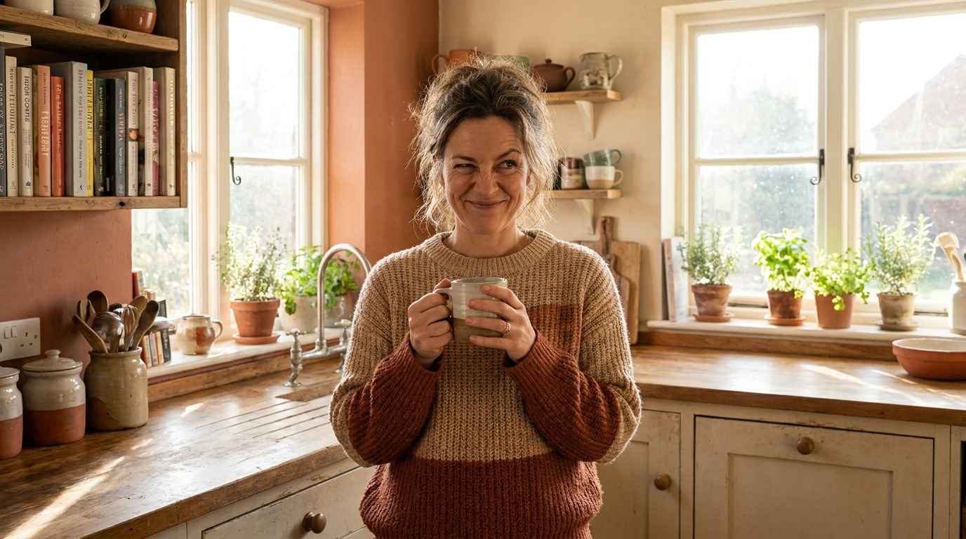 Frau mit hochgezogener Augenbraue und Kaffeetasse, freche Stimmung für freche Sprüche