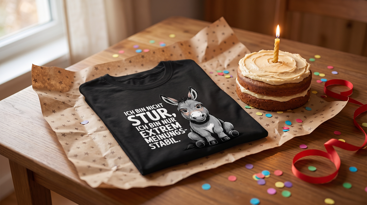 Frisch ausgepacktes Sturer Esel T-Shirt von Beyond Humor als Geburtstagsgeschenk neben Kuchen mit Kerze