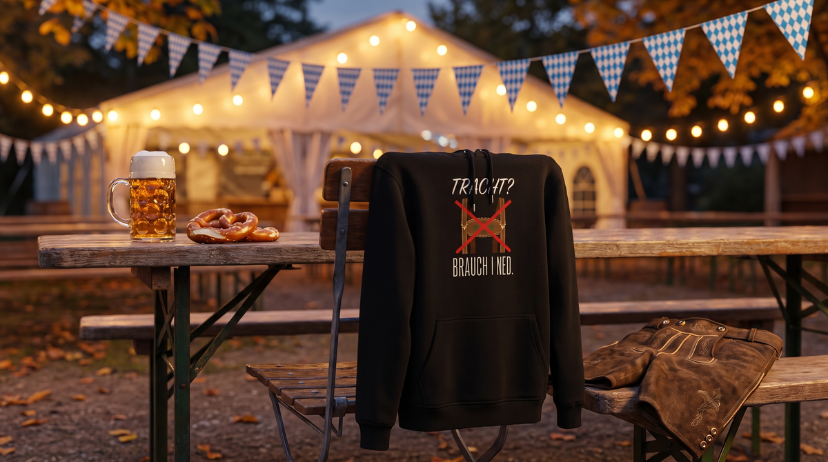 Tracht - Brauch i ned Hoodie von Beyond Humor über einer Stuhllehne am Oktoberfest-Tisch, daneben Maß, Brezel und liegen gelassene Lederhose