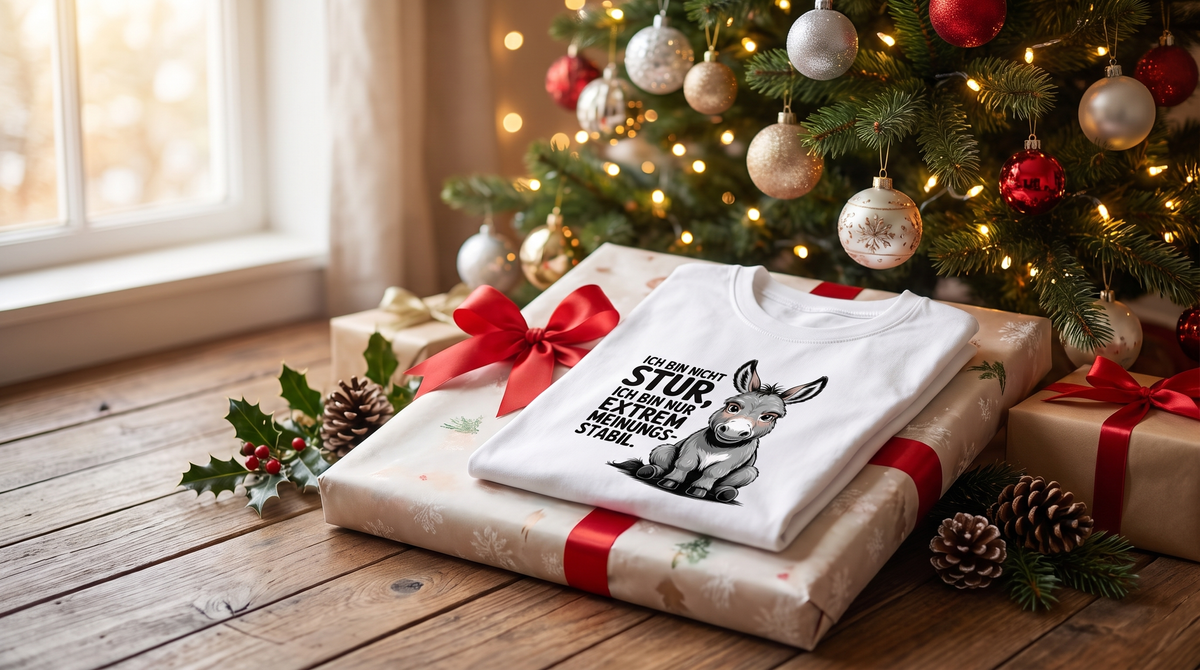 Sturer Esel T-Shirt als lustiges Weihnachtsgeschenk unter dem Weihnachtsbaum mit Geschenkpapier und Lichterkette
