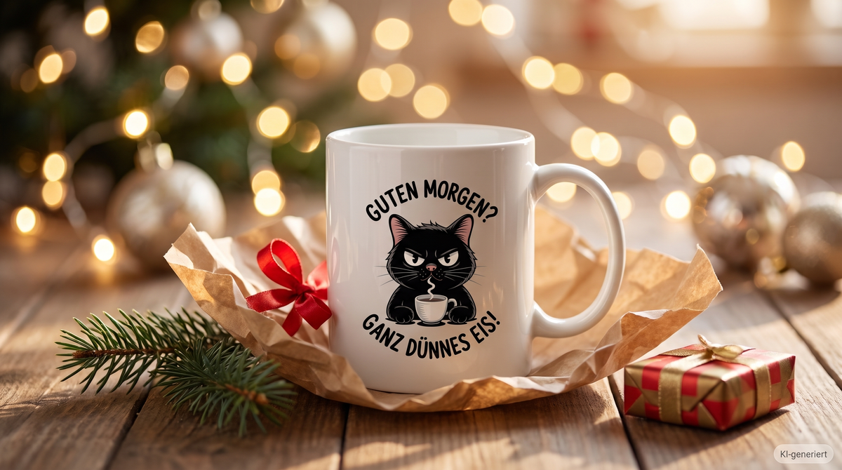 KI-generiertes Symbolbild: Guten Morgen Tasse von Beyond Humor als halb ausgepacktes Wichtelgeschenk auf einem Holztisch mit Weihnachtsdeko