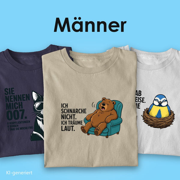 Lustige T-Shirts für Männer: drei T-Shirts mit Spruch, vorn der Bär „Ich schnarche nicht, ich träume laut“ auf Beige