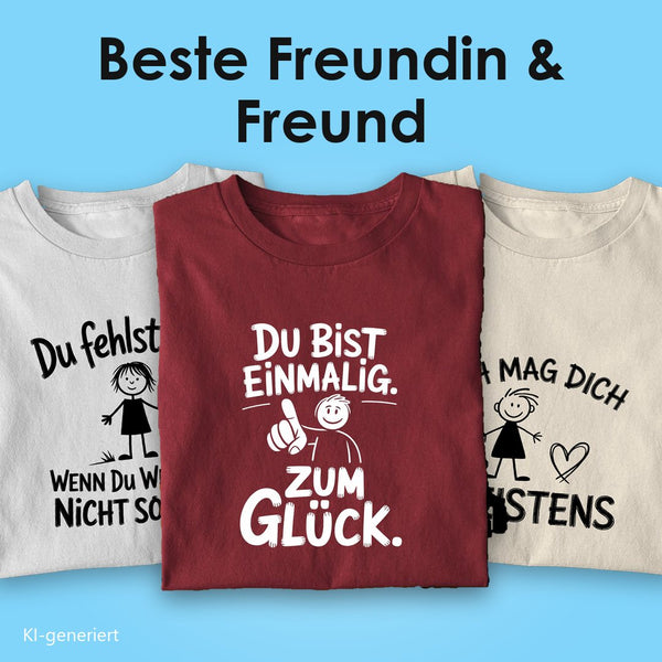 T-Shirts für die beste Freundin und den besten Freund: drei Bio T-Shirts mit Spruch, vorn „Du bist einmalig. Zum Glück.“ auf Burgunder