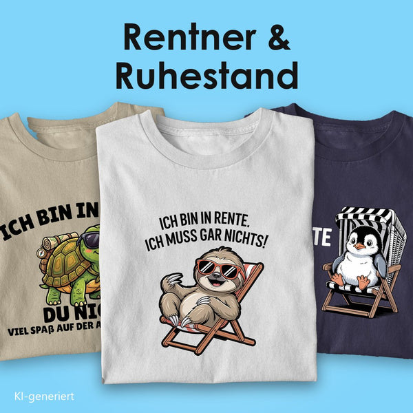 T-Shirts für Rentner: drei Bio T-Shirts mit Spruch, vorn das Faultier im Liegestuhl „Ich bin in Rente, ich muss gar nichts!“ auf Weiß